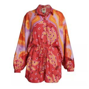 FARM RIO Silk Red Collared Jumpsuit Romper Floral Tie Dye Stripe Large